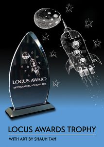 Glass trophy with art by Shaun Tan depicting a rocket ship, stars, and moon