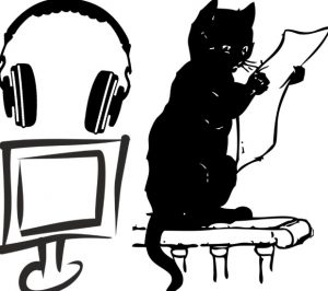 Clip art of headphones, TV screen, and cat reading a sheet of paper