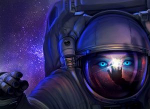 Cover art for the Young Explorer's Adventure Guide vol. 6, featuring a blue-eyed young person in a space suit on a purple starry background