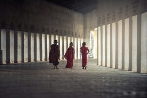 Three young monks, backs to the camera and in the distance, in a space with white pillars and sunlight creating light and shadow on an adjacent wall